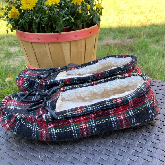 Minnetonka red plaid Lodge Trapper fur lined women's slippers size 8W holiday - Picture 7 of 7